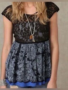 Free People Black Lace & Navy Paisley Peplum Left Me Speechless Top